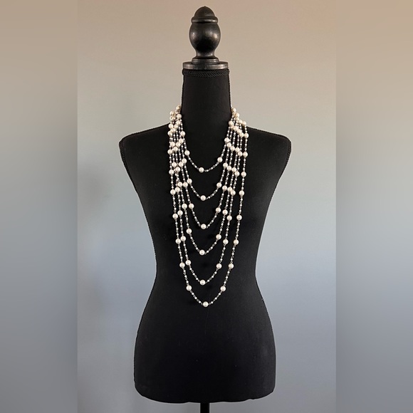 VINTAGE 6 Strand LONG PEARL Silver COSTUME Jewelry NECKLACE - Picture 1 of 7